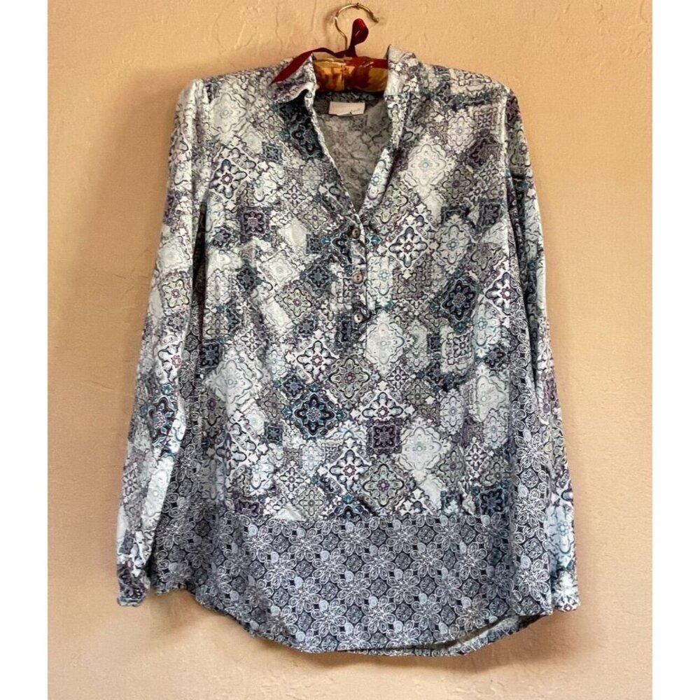 J. Jill Women's XS Blue Print Popover Top Blouse Long Sleeve Flowy Lightweight